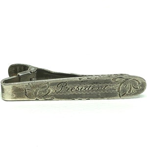 Vintage Old Sterling Silver Engraved &quot;President&quot; Tie Clip, Gift for Men, Sterling Engraved Flowers, 1940s Tie Clip, Men&#39;s Accessories