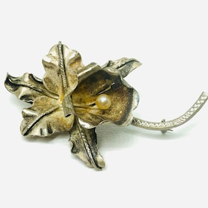 Vintage Sterling Silver Orchid Brooch with Faux Pearl, Vintage Floral Brooch, 1930s Art Deco Sterling Floral Brooch