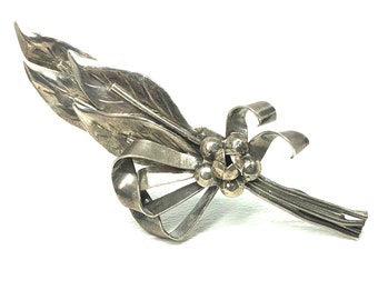 Vintage Sterling Silver Embossed Floral Leaf Brooch, Detailed Flower and Leaf Bouquet with Ribbon, Mid Century Modern Floral Pin