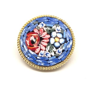 Vintage 1960s Italian Mosaic Tile Rose Flower Bouquet Brooch Blues, Reds and White Tiles image 1