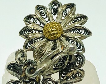 Art Deco Sterling Silver & 10k Gold Fill Filigree Flower met Lizard Broch Pin, Figural Flower en Lizard Broche, Sterling Silver Broche
