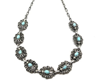 Vintage Blue Stone with Faux Pearl Panel Choker Silver Toned Necklace 16&quot;, Cast Silver Toned Textured Choker Necklace , Stone Blue Choker