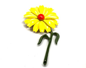 Jahrgang 1960 gelb und Orange Emaille Blume Power Brosche mit langen Vorbau, 60er Jahre Groovy Daisy Pin, Boho Hippie Blume Pin