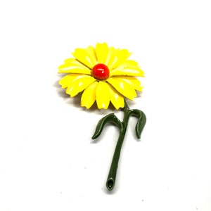 Vintage 1960&#39;s Yellow and Orange Enamel Flower Power Brooch with Long Stem, 60s Groovy Daisy Pin, Boho Hippie Flower Pin