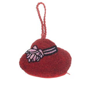 Vintage Seed Beaded Red Hat Wristlet Purse With Purple and Black Banded Rose 5 1/2&quot;, Red Hat Society Purse, Handbag, Wallet, Change Purse