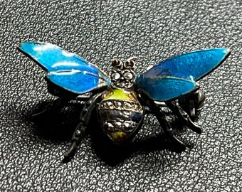 Vintage Sterling Enamel Bee Brooch With Marcasite & Red Stone Eyes Germany M-BF