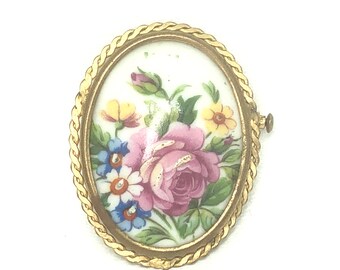 France Hand Signed Rose Bouquet Gold Gilt Lace Porcelain BROOCH Pin Vintage 19C Hand Painted Limoges REF 376