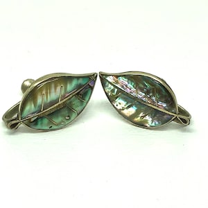 Vintage Sterling Abalone shell Leaves Screw Back Earrings,Signed AP Mexico,