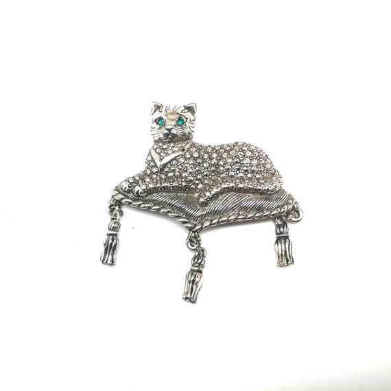 Vintage 1990s Avon Faux Marcasite Cat Brooch Gree… - image 1