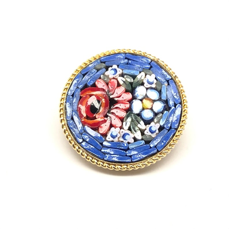 Vintage 1960s Italian Mosaic Tile Rose Flower Bouquet Brooch Blues, Reds and White Tiles image 1