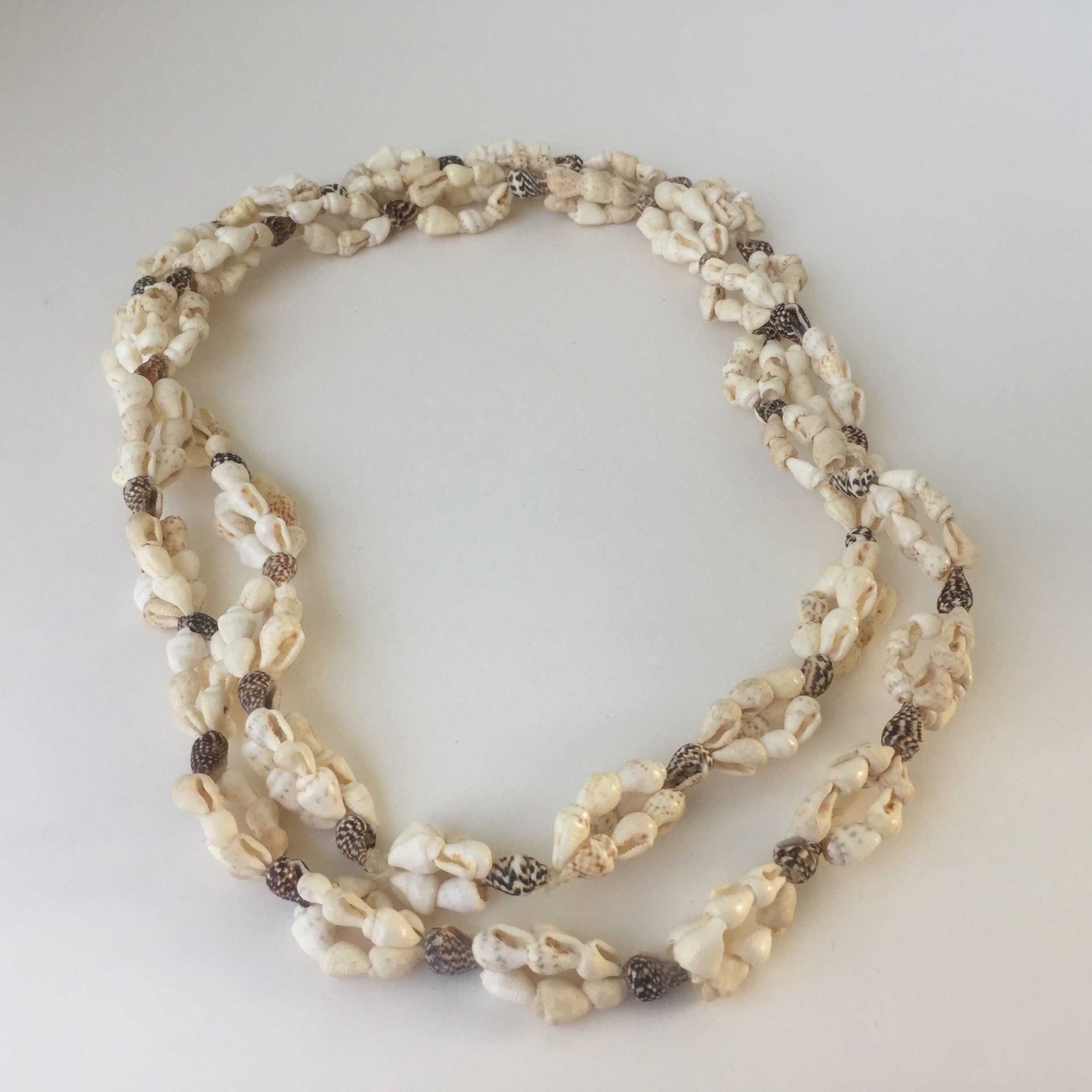 Vintage 1960s 48" Triple Strung Tahitian Cowrie Shell Necklace, Boho and Hippie