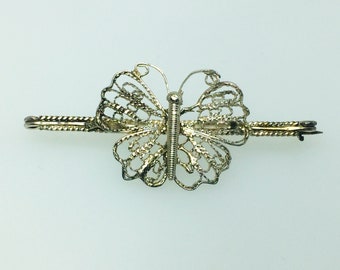 Victorian Sterling Filigree Butterfly Bar Pin with C Clasp