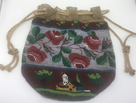 Antique Victorian Beaded Reticule Purse with Roses