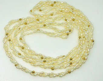 Vintage 14k Double Twisted Strand Gold Bead and Freshwater Rice Pearl 54&quot; Necklace 38.5 grams, Freshwater Pearl Necklace