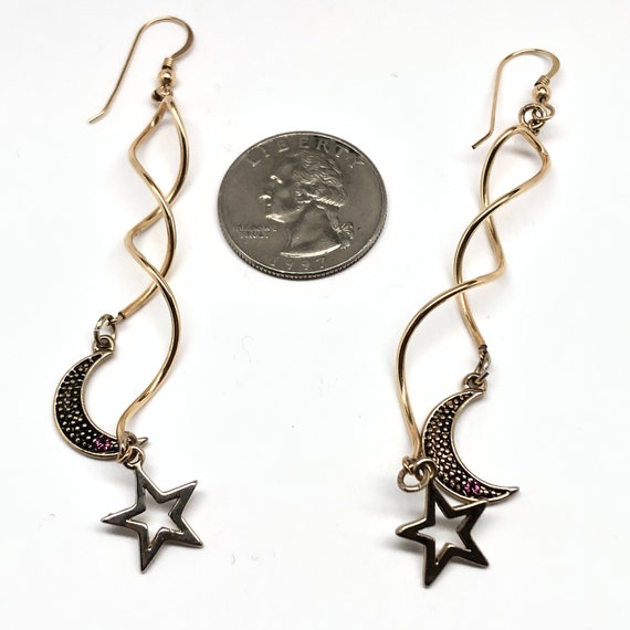 90s 14k Gold Filled Swirl Long Moon & Stars with … - image 6