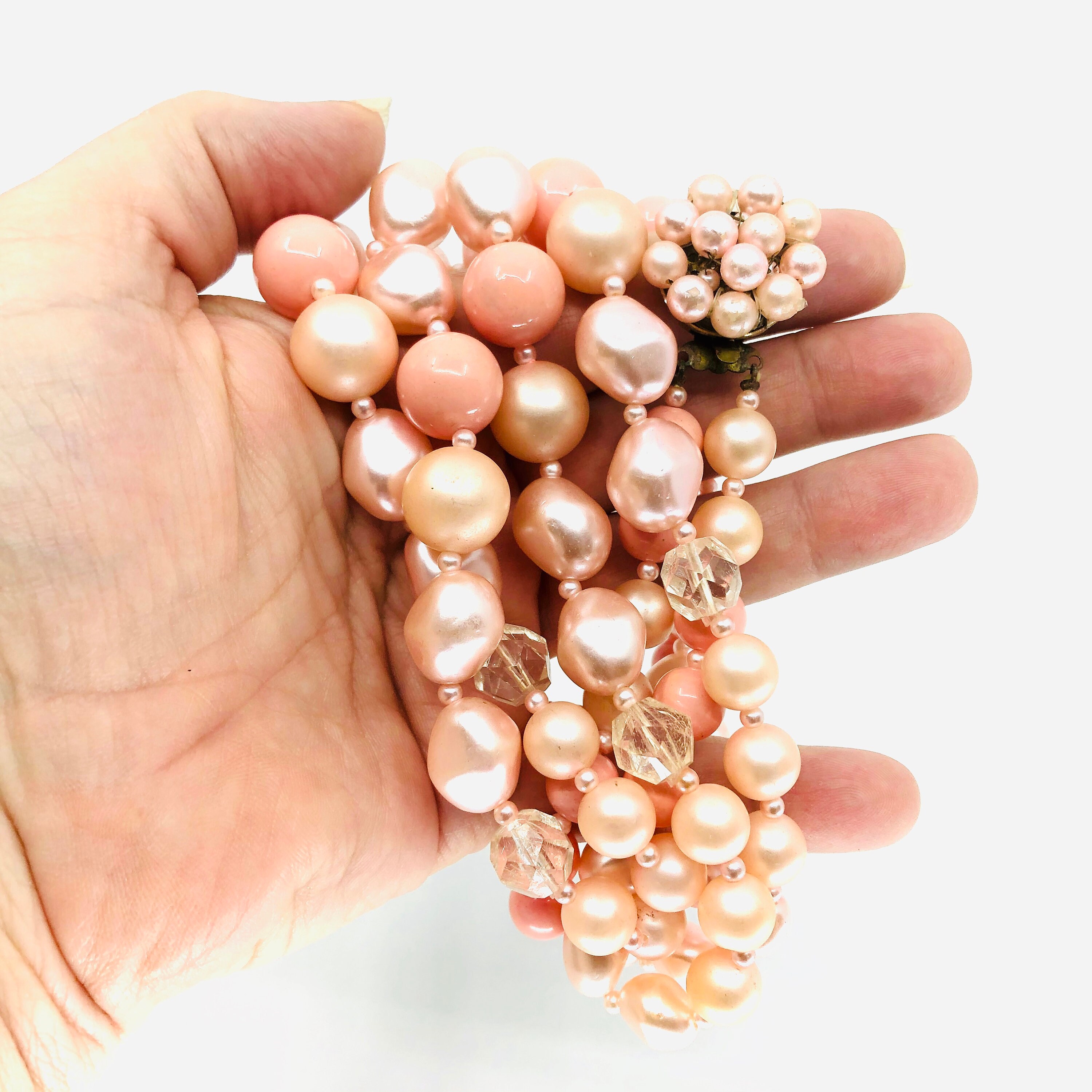 Vintage 1940s Pink Faux Pearls Pink Beads and Faux Crystal 2