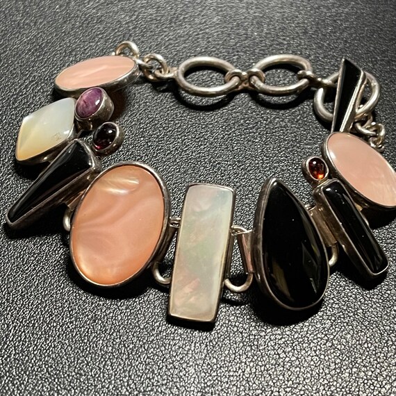Sterling Silver Mother of Pearl, Ruby, Onyx, Garn… - image 2