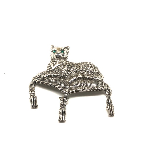 Vintage 1990s Avon Faux Marcasite Cat Brooch Gree… - image 9