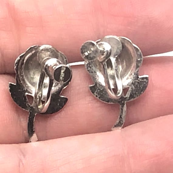 1950s Sterling Marcasite Rose Floral Screw Back E… - image 10