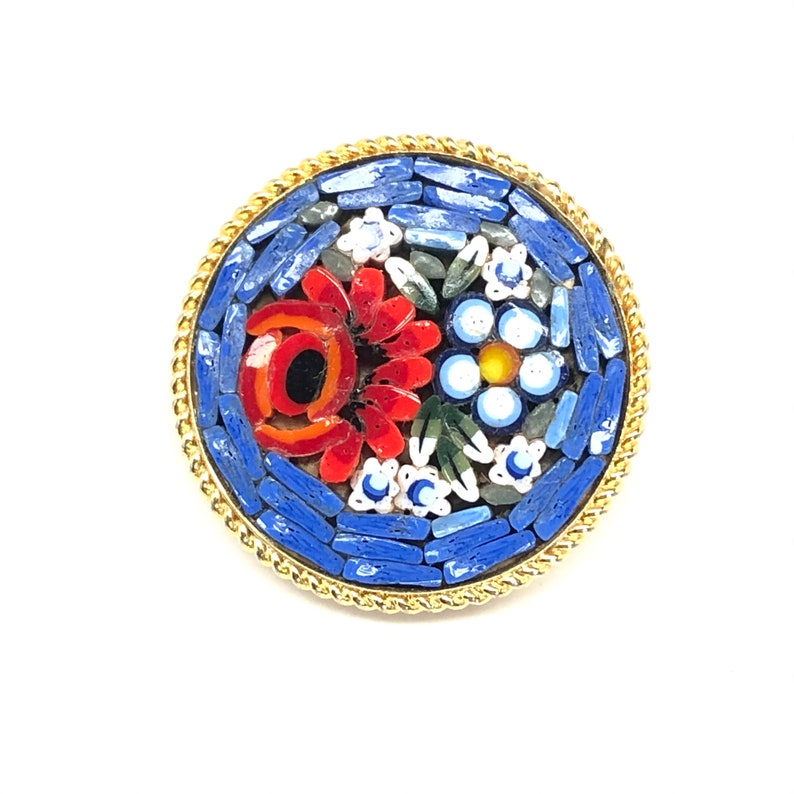 Vintage 1960s Italian Mosaic Tile Rose Flower Bouquet Brooch Blues, Reds and White Tiles image 2