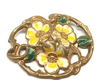 Victorian 1800s Brass Brooch with Enamel Floral Repose with Flowing Border, Antique Open Repousse Design Yellow and White Enamel Flower