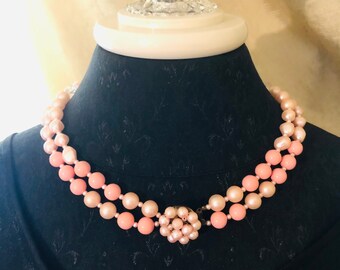 Vintage 1940s Pink Faux Pearls Pink Beads and Faux Crystal 2 Strand Japan Necklace with Hand Wired Decorative Box Clasp