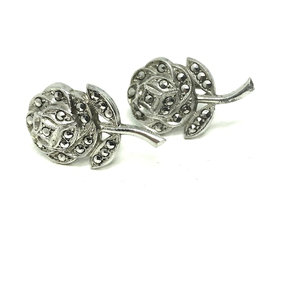 1950s Sterling Marcasite Rose Floral Screw Back E… - image 1