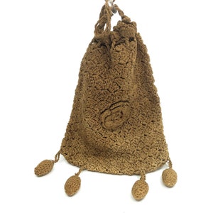 Victorian Brown Crochet Center Rose Ball Tassel Fringe Drawstring Pouch Purse Bag, Vintage Hand Crocheted Reticule Bag