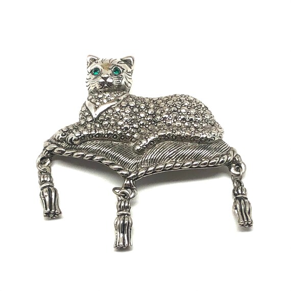 Vintage 1990s Avon Faux Marcasite Cat Brooch Gree… - image 7