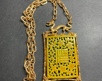 Vintage Signed ART Arthur Pepper Dragon & Yellow Enamel Pendant Necklace