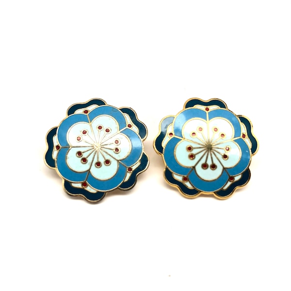 Vintage 80s MMA Cloisonne Cherry Blossom Clip On Earrings, Gold Tone Japanese Museum Modern Art Enamel Floral Design Earrings