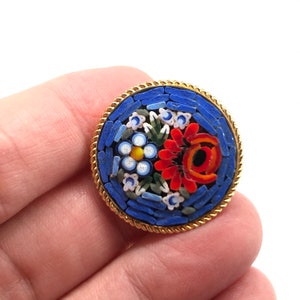 Vintage 1960s Italian Mosaic Tile Rose Flower Bouquet Brooch Blues, Reds and White Tiles image 7