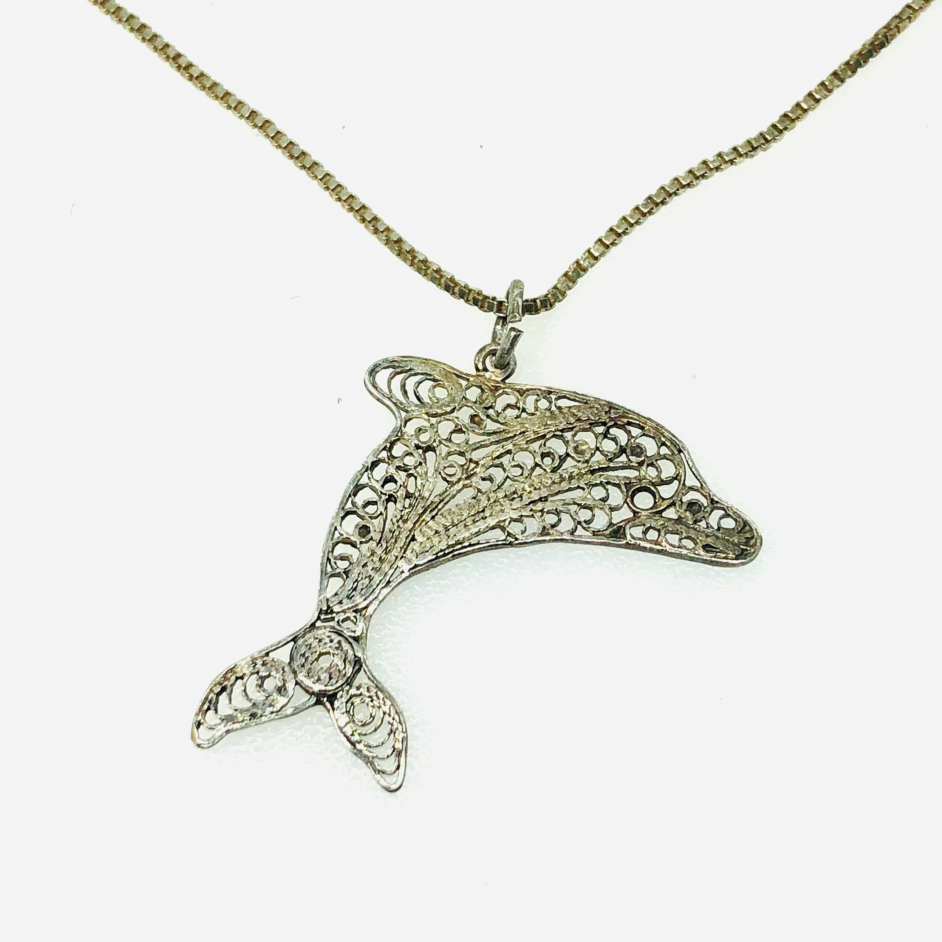 Sterling Silver Antiqued CZ Dolphin Pendant