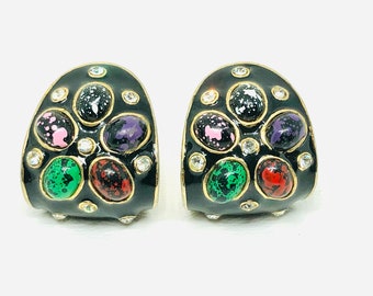 Vintage Enamel Multi Colored Speckle Cabochon & Rhinestone Clip On Earrings, Abstract 80s Chunky Clip On Earrings