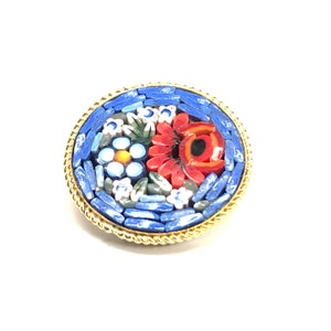 Vintage 1960s Italian Mosaic Tile Rose Flower Bouquet Brooch Blues, Reds and White Tiles image 3