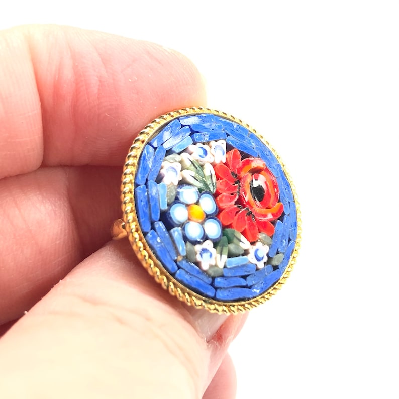 Vintage 1960s Italian Mosaic Tile Rose Flower Bouquet Brooch Blues, Reds and White Tiles image 8