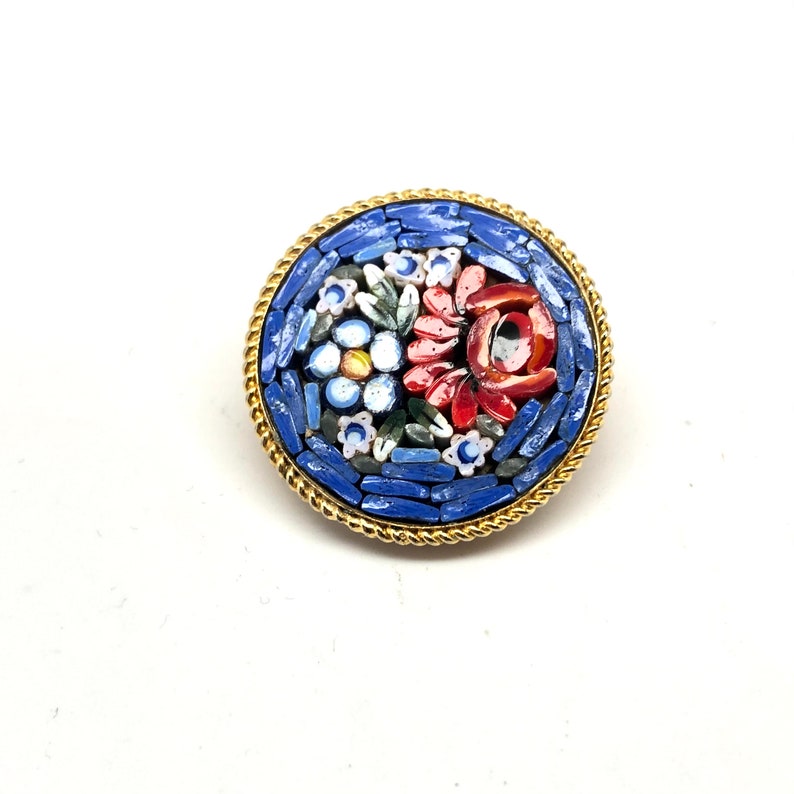 Vintage 1960s Italian Mosaic Tile Rose Flower Bouquet Brooch Blues, Reds and White Tiles image 10