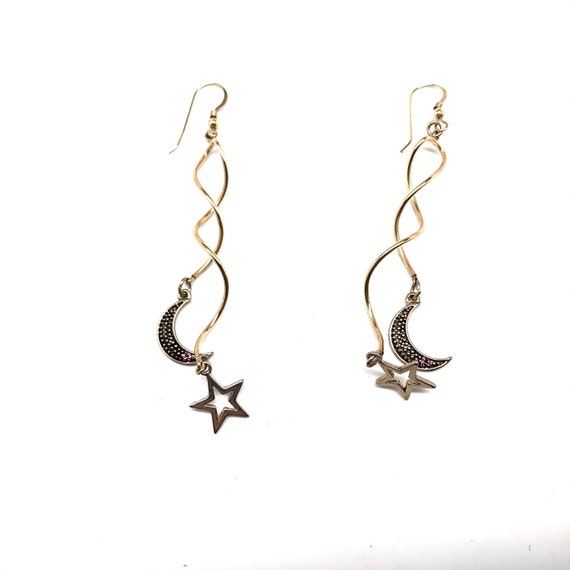 90s 14k Gold Filled Swirl Long Moon & Stars with … - image 2