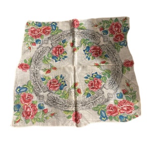 Red Rose & Blue Floral Silver Feathered Design Vintage Womens Linen Handkerchief