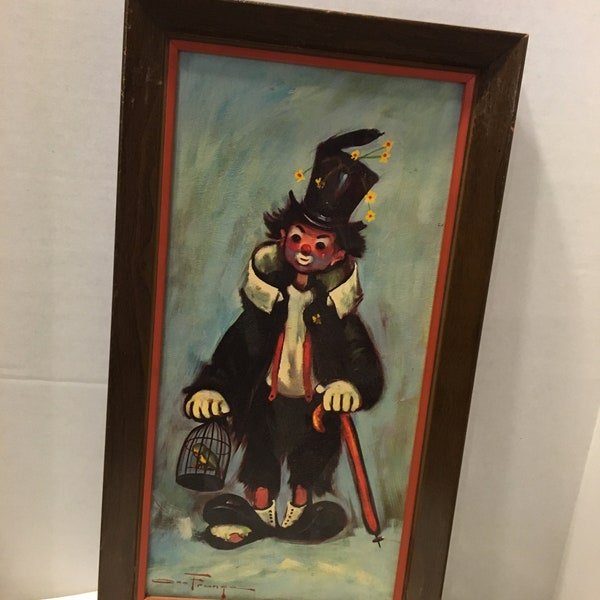 Ozz Franca Art Print Hobo Clown with Birdcage n Daisy Flowers in Hat 1960's VTG