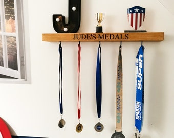 Personalised Engraved Medal Shelf Rustic Shelves Solid Wood