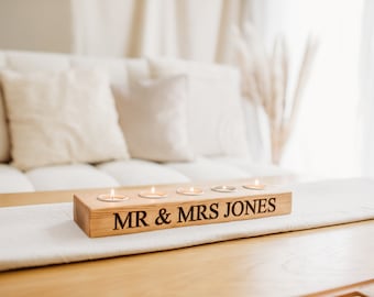 Personalised Wooden Tealight Candle Holder: Engraved Oak Centerpiece