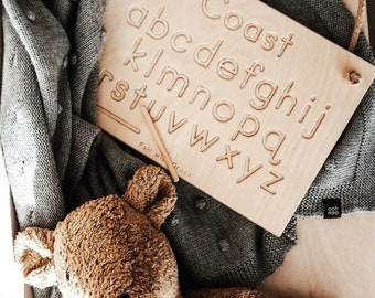 Personalized Wooden Alphabet Tracing Board – Montessori Toy, Nursery Decor
