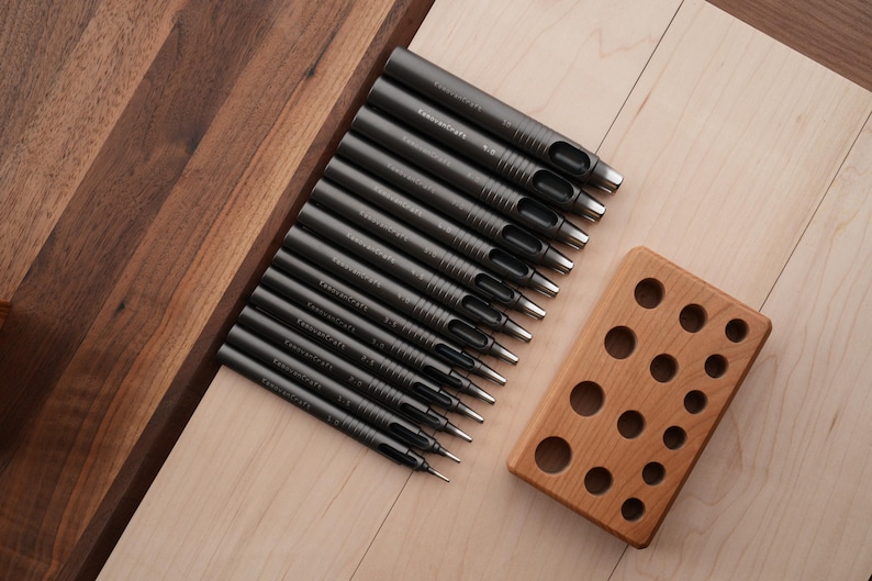 Leather Single Holes Punch Set –Round Hole Drive Punches Cherry/Walnut Base image 1