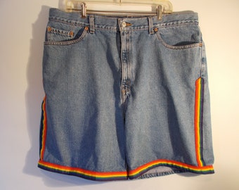 Denim Shorts Levi Size 22. Pride Rainbow Upcycled shorts, fun shorts, fashion shorts, one of a kind shorts.