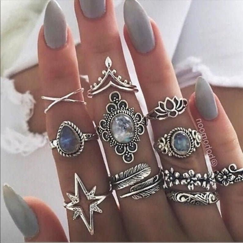 11 piece SET BOHO silver rings 