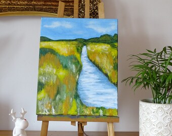 Landscape, in the meadow, acrylic 30 cm x 24 cm. Landscape modern home décor. Original Fluid Acrylic Painting.