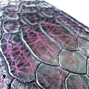 May include: A close-up view of a textured material featuring a repeating, organic scale-like pattern. The surface displays a deep, dark base color with vibrant magenta and purple highlights within the crevices and across the raised, rounded sections.
