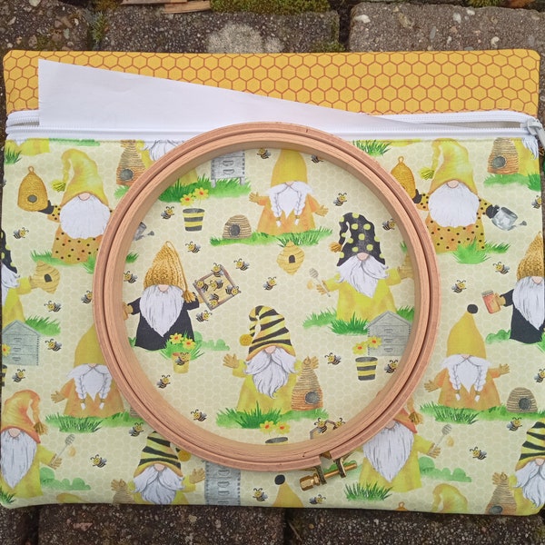 Project bag "Bee Gnome" for cross stitch or embroidery work,