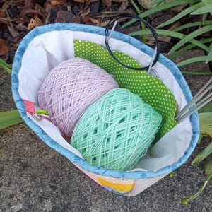 K&ouml;nnte beinhalten: Eine Stofftasche f&uuml;r Handarbeitsprojekte mit blauem Blumenmuster am Rand, die ein Kn&auml;uel hellrosa Garn und ein Kn&auml;uel mintgr&uuml;nes Garn enth&auml;lt. Das Innere ist mit wei&szlig;em Stoff ausgekleidet und hat ein gr&uuml;n-wei&szlig; gepunktetes Paneel sowie Rundstricknadeln.